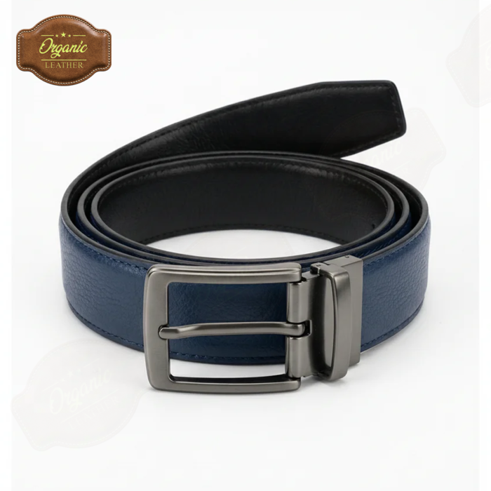 Premium 2-in-1 Reversible Genuine Leather Belt – Black & Deep Blue with Chrome Buckle
